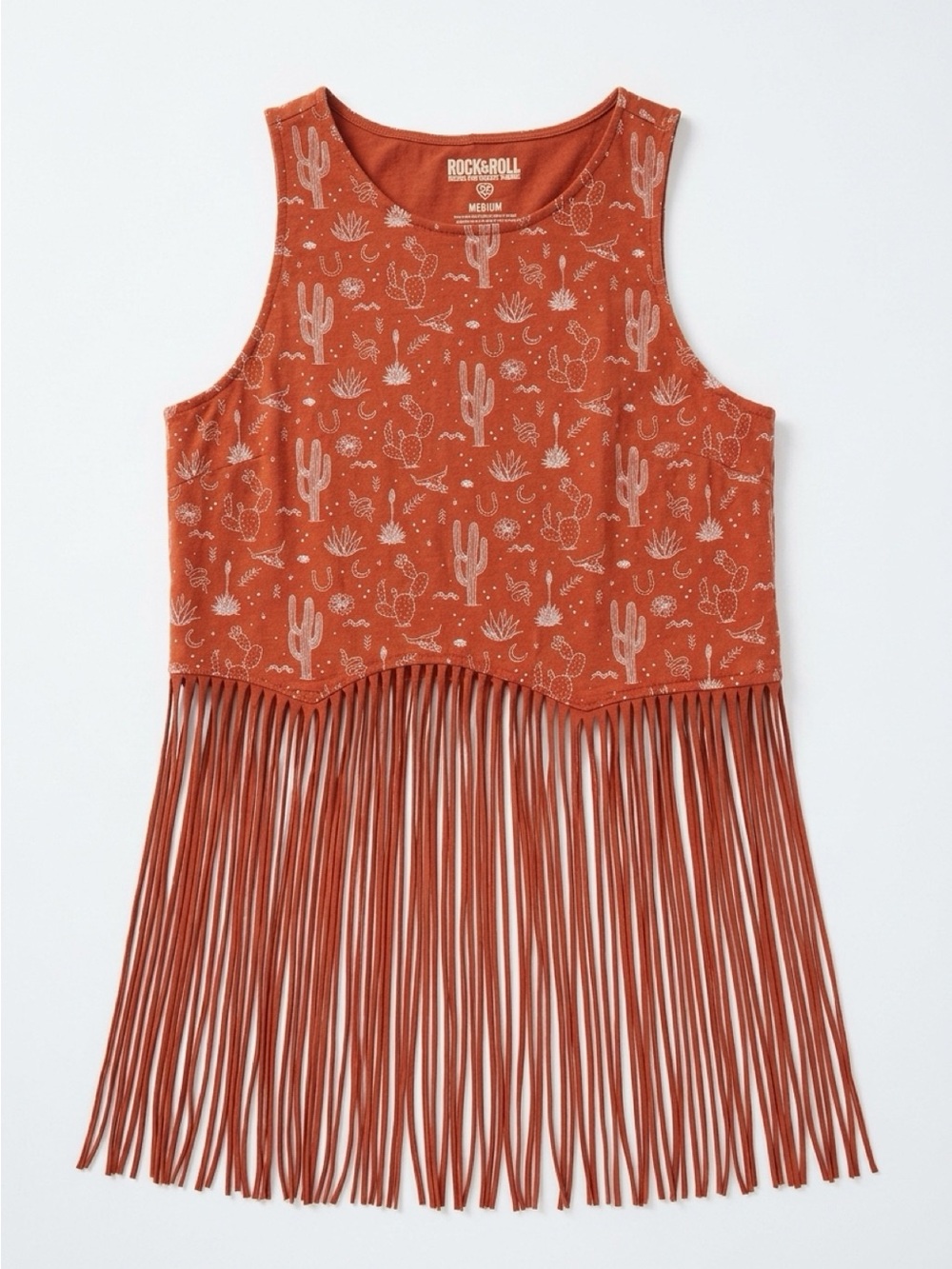 Rock & Roll Cowgirl Rust Cactus Fringe Tank